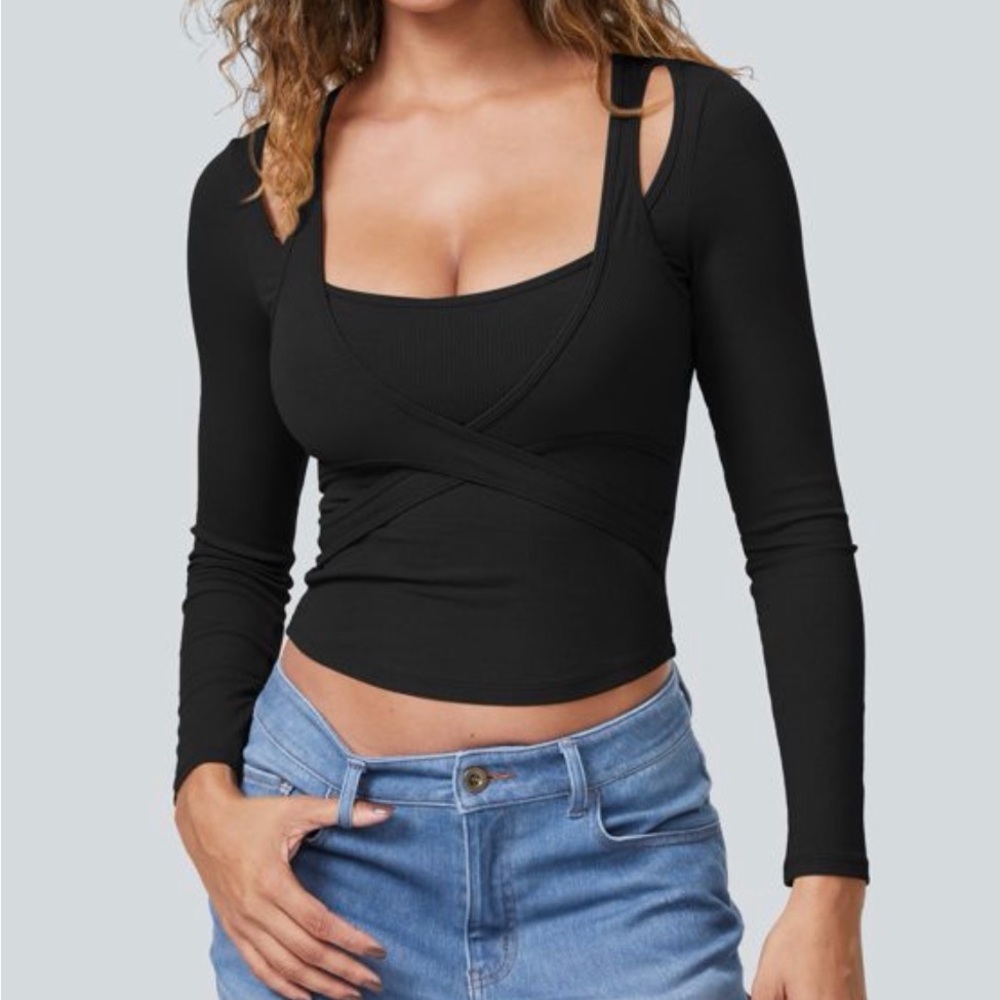 Halara Ribbed Knit Square Neck Cut Out Top